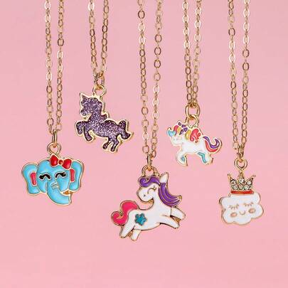 Bộ 5 mặt dây chuyền hoạt hình dễ thương bằng hợp kim kẽm tráng men dành cho bé gái, với các hình kỳ lân, voi, mây, bướm, trái tim, thích hợp để đeo hàng ngày, làm quà tặng hoặc quà dịp lễ.