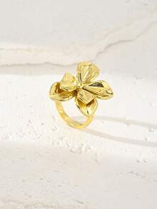 1pc/18K Gold Plated Open Ring - Chunky Flower, Twisted & Heart Stackable Rings For Women, Minimalist Statement Jewelry - Yellow Gold - View 6