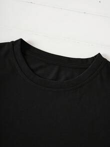 Vår/Sommar 2026 Ny dam-T-shirt med rund hals, blom- och bokstavstryck på båda sidor, korta ärmar, avslappnad stil, oversized, med nedsänkta axlar, perfekt för sommaren. - Svart - Visa 5