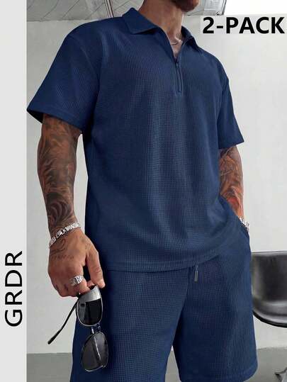 GRDR Conjunto de 2 piezas de camisa polo con cremallera blanca y pantalones cortos con cordón, estilo retro de verano, minimalista y casual para hombre