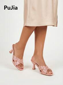 Giày sandal cao gót đính đá lấp lánh dành cho nữ, kiểu hở mũi, quai chéo, gót trung bình, chất liệu satin, thích hợp cho cô dâu, dự tiệc cưới, màu hồng mùa hè. - Hồng - Xem 3
