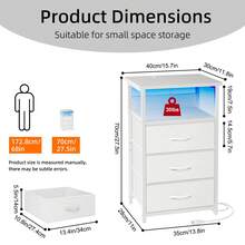 Tomnk Bedside Table With Charging Station, LED Nightstand With USB Ports And Outlets, 3 Fabric Storage Drawers With PU Finish, Bed Side Table For Bedroom, Living Room, White/Black - US B Type Plug(110-127V) - View 10