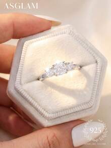 1 pieza Anillo de plata de ley 925 chapado en platino con circonita blanca, diseño elegante y de moda, adecuado como regalo de aniversario/cumpleaños - Plateado - Ver 1