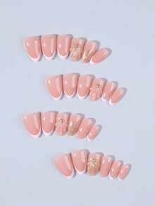 24 piezas de uñas postizas cortas con forma de almendra estilo francés con decoración de perlas en 3D, que incluye 1 esmalte de gel y 1 lima de uñas, adecuado para mujeres y niñas para uso diario y de fiesta - Multicolor - Ver 3