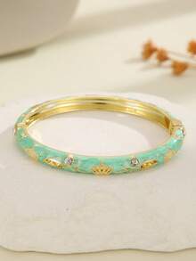 1pc Fashionable New Plated Gold Delicate Rhinestone Crown Pattern Cloisonne Bangle Bracelet, Jewelry Gift For Women & Girls - Mint Green - View 4