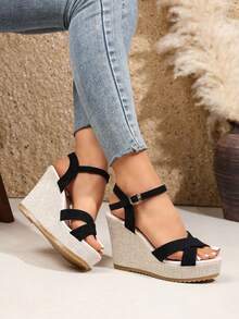 Giày sandal đế xuồng thời trang nữ, sandal quai chéo có khóa cài, dép đi ngoài trời thoải mái, sandal đế xuồng đế dày tối giản đa năng dành cho nữ. - màu đen - Xem 4