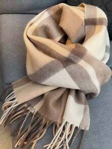 1pc 100% Wool Plaid Scarf, High-Quality Women's Shawl, New Winter Warm Gift,Holiday,Travel Essential - Khaki - View 1