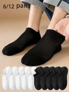 6/12 Pairs Men's Black & White Solid Color Mesh Breathable Invisible Casual Socks, Suitable For All Seasons - Black and White - View 14