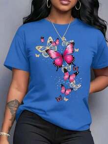 Camiseta de algodón 100% suave para mujer, con manga corta, cuello redondo, cómoda y ligera, estampado de mariposas voladoras degradado, transpirable, ideal para cualquier atuendo. - Azul - Ver 7