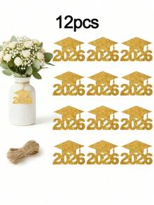1/12/24 piezas Decoraciones para Fiesta de Graduación 2026 - Etiquetas de Gorro de Graduación con Brillo, Centros de Mesa de Florero de Papel Colorido, Material de Papel, Adecuado para Centros de Mesa de Ceremonia de Graduación, Decoración de Fiesta de Graduación - Multicolor - Ver 10