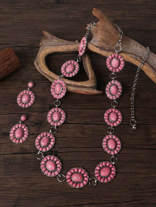 Conjunto de 1 piezas de pendientes y cadena circular de aleación con turquesa tallada estilo vintage para la cintura, cadena corporal de moda para mujer para uso diario.