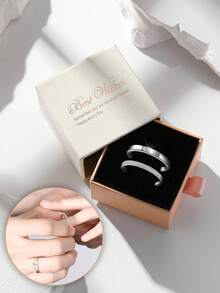 Hộp quà tặng nhẫn đôi, nhẫn cưới trơn tối giản, nhẫn đính hôn đính đá Cubic Zirconia, quà tặng trang sức đính hôn. - Bạc - Xem 1