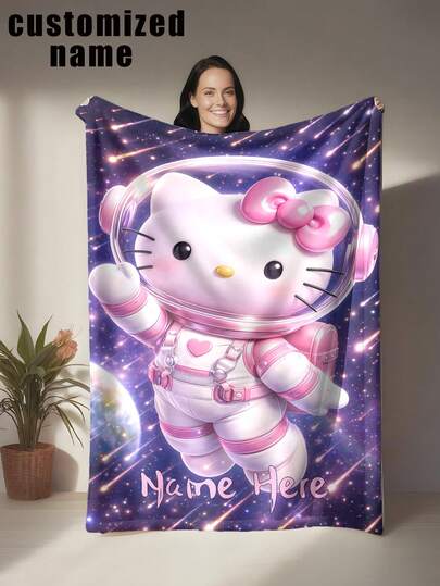 SANRIO 1 chiếc chăn Hello Kitty tùy chỉnh, có thể in tên cá nhân, họa tiết bầu trời sao tím đậm với sao băng, quầng sáng và các hành tinh xa xôi, phong cách tươi sáng và sống động - Mềm mại và thoải mái, có thể giặt máy, gối trang trí bằng vải polyester in kỹ thuật số, thích hợp cho ghế sofa, giường, du lịch, cắm trại, phòng khách, văn phòng, chỗ ngồi - Món quà lý tưởng cho gia đình và bạn bè