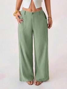 PETITE Pantalones rectos de cintura baja de 100% algodón lavado, pantalones de lino para mujer, pantalones de verano, pantalones anchos de mujer, pantalones de verano, otoño y ropa de otoño para mujer - verde menta - Ver 4
