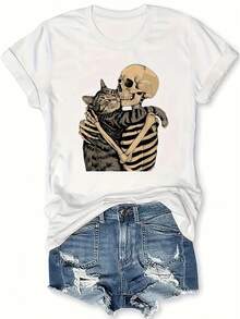 Summer Tops For Women Skull And Cat Pattern Printed T-Shirt - For Cat Lovers, Cat Moms And Dads - Soft And Comfortable Home Casual Round Neck Short Sleeve Top - Women's Clothing - Perfect Choice For Spring And Summer. Loose And Comfortable Mothers Day Outfit Summer Tops For Women Mothers Day Outfit Y2k Clothes Women - 黑色 - 查看 9
