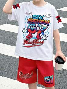 2pcs Toddler Boys' Spring/Summer Short Sleeve T-Shirt & Shorts Set, White Tee With Gradient Letter & Robot Digit Print, Red Shorts With Matching Elements, Dirt-Resistant & Skin-Friendly, Suitable For School, Casual Outings, Family Trips, Boys' Outfit - Red - View 10