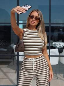 Women's Striped Round Neck Top And Drawstring Waist Flare Pants Casual Outfit Summer - Brown - View 3