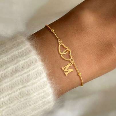 1pc New Fashion Double Heart Initial Pendant Golden Stainless Steel Bead Chain Bracelets For Women
