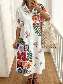Summer White Floral Print Batwing Sleeve Short Sleeve Maxi Casual Beach Vacation Loose Dress For Women Elegant - White - View 1