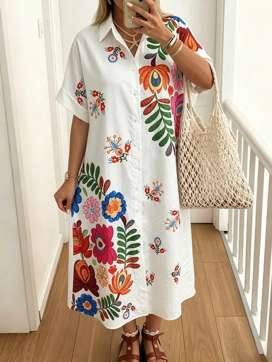 Summer White Floral Print Batwing Sleeve Short Sleeve Maxi Casual Beach Vacation Loose Dress For Women Elegant - White - View 1