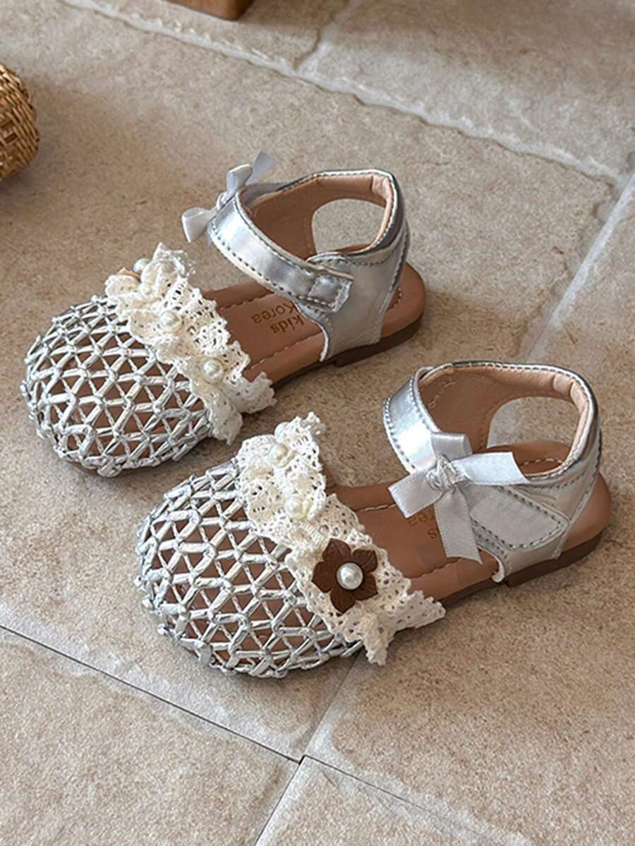 1双女童时尚百搭发带凉鞋,夏季新款编织工艺/蝴蝶结珍珠装饰/婴幼儿休闲平底凉鞋,适合学校、户外、度假、室内外穿着,防滑耐穿的婴儿凉鞋 - 銀色 - 查看 1
