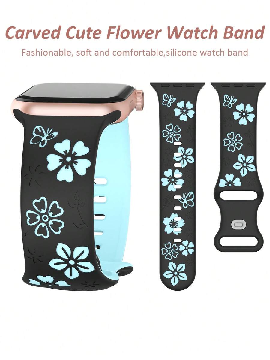 Floral Carved Watch Band, Compatible With Apple Watch Band 41Mm 40Mm 44Mm 45Mm 42Mm 38Mm 49Mm 46Mm, Cute Flowers, Soft Silicone Sport Band Compatible With Apple Watch Series 11 10 Se 9 8 7 6 5 4 3 Ultra, Women'S Fashion Floral Elements Watch Band,Compatible With Apple Watch Strap - LD004 Floral - Black and Ice Blue - View 1