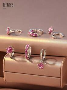 Hihho 6 Pieces Simple & Fashionable Shiny Flower Pendant Earring Set With Full Zirconia Inlay - Luxury Jewelry Ear Accessories Gift Valentines,Mom,Mother,Mother's Day,Gift - Xanh ngọc lam - Xem 11