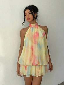 Vestido mini elegante de mujer con cuello halter y lazo en color amarillo claro - Amarillo claro 2 - Ver 6