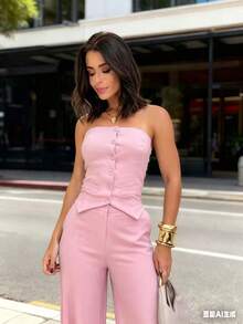 Tailored Set: Sensual Pants And Strapless Blouse With Buttons - Perfect For New Year's, Christmas, Summer, And Vacation - 粉色 - 查看 4
