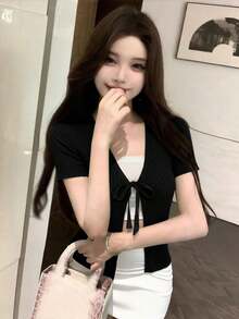 Áo khoác cardigan dệt kim cổ chữ V thắt nơ mới, thiết kế độc đáo, dáng ôm, tay ngắn, thích hợp cho mùa xuân/hè. - màu đen - Xem 5