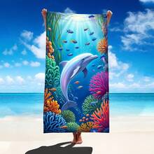 1 chiếc khăn tắm biển hình cá heo và san hô dưới nước, chất liệu microfiber siêu mềm, cỡ lớn, thấm hút cực tốt, thích hợp cho du lịch, hồ bơi, lặn biển, lướt sóng, yoga, cắm trại, nhiều kích cỡ khác nhau, phụ kiện bãi biển. - cá heo - Xem 2