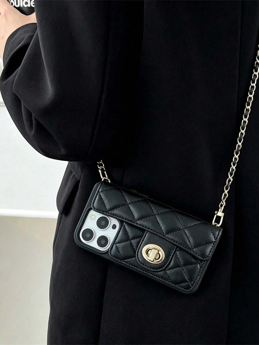 1 chiếc ốp lưng điện thoại đeo chéo sang trọng có khóa dây xích, chất liệu da chần bông họa tiết len cao cấp, bao đựng thẻ và tiền xu bằng da có dây xích, thích hợp cho nữ, tương thích với Apple/ Galaxy S24 Ultra, 17 Pro Max/16 Pro Max/12 Pro/13/14 Plus/15 Pro Max - màu đen - Xem 1