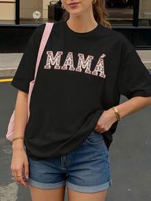 Camiseta Oversize Negra con Estampado MAMÁ para Mujer Casual Verano - Negro - Ver 1