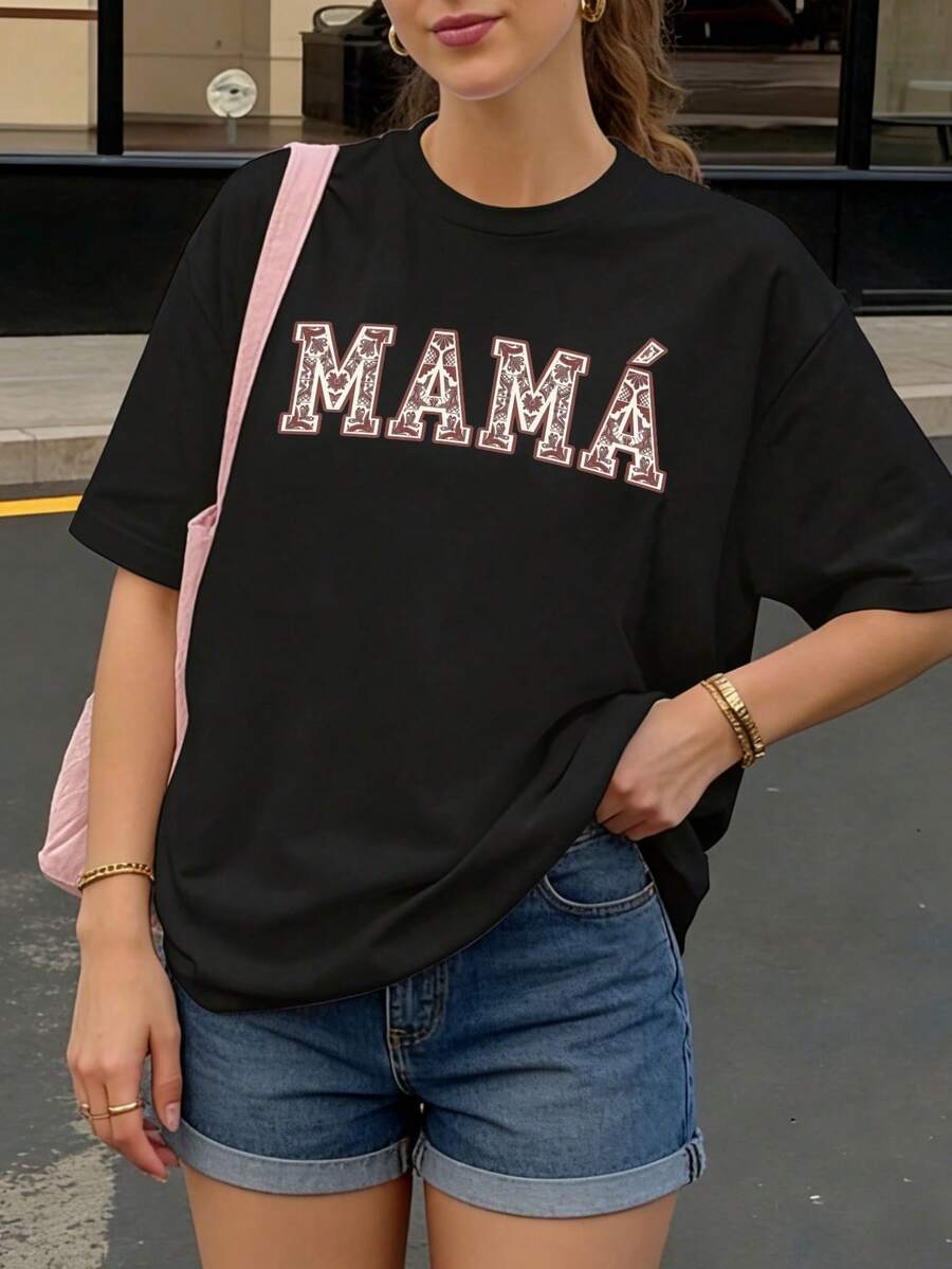 Camiseta Oversize Negra con Estampado MAMÁ para Mujer Casual Verano - Negro - Ver 1