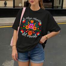 Camiseta Negra con Estampado Floral y Texto La Mejor Mamita del Mundo para Mujer Casual - Negro - Ver 3