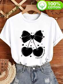 Áo thun nữ cổ tròn tay ngắn bằng chất liệu cotton nguyên chất, kiểu dáng thoải mái, dễ mặc. Họa tiết in hình quả anh đào và nơ, thích hợp cho đi làm, đi học và những buổi đi chơi thường ngày vào mùa xuân, hè và thu. Màu trắng. - trắng - Xem 3