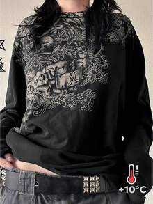 Fashionable Street Style Y2K Printed Round Neck Long Sleeve Women's Sweatshirt,Ladies Spring/Fall Casual Long Sleeve Round Neck Regular Fit Regular Black Drop Shoulder Pullovers Women Hoodies - Black - View 1