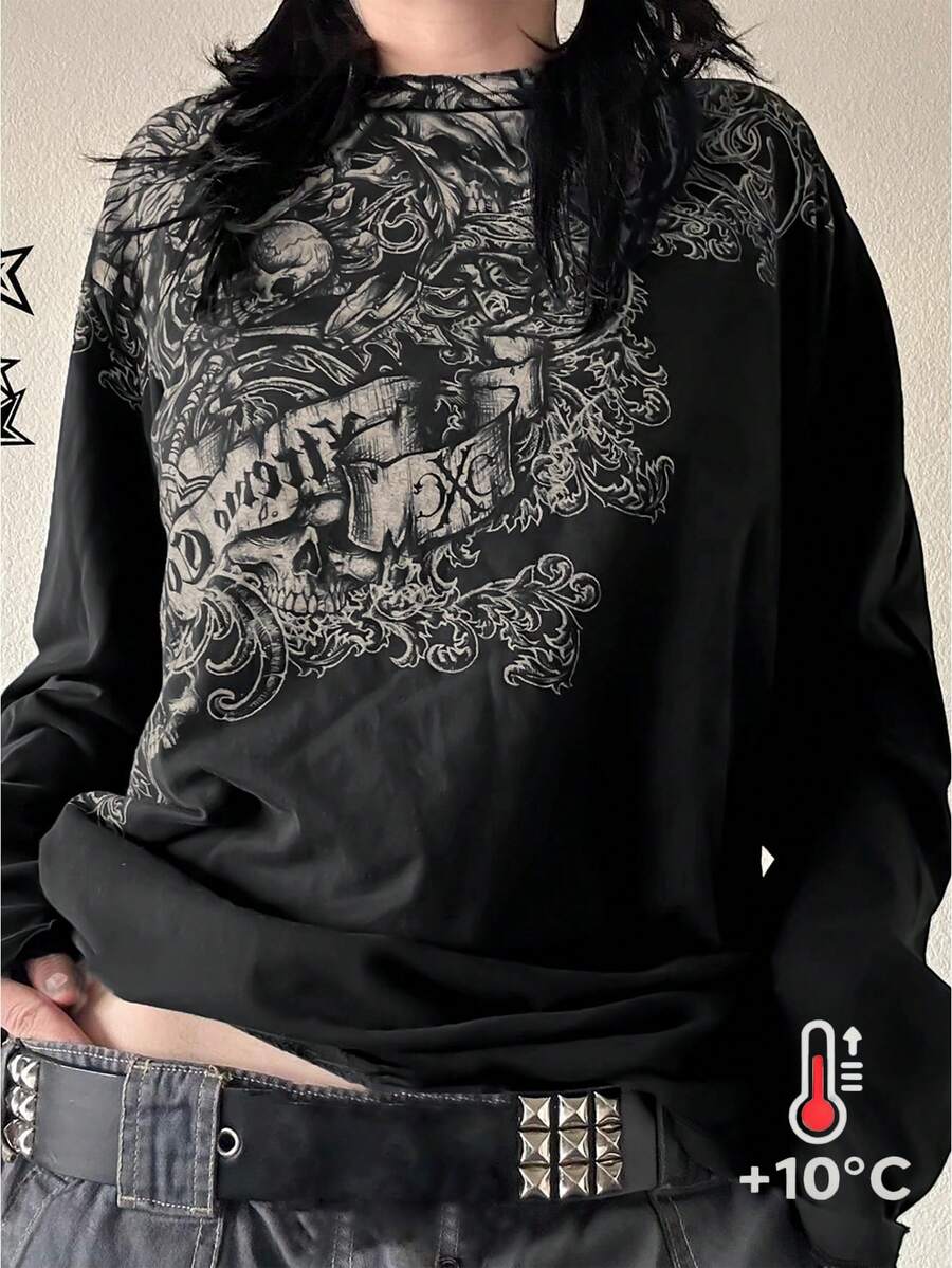 Fashionable Street Style Y2K Printed Round Neck Long Sleeve Women's Sweatshirt,Ladies Spring/Fall Casual Long Sleeve Round Neck Regular Fit Regular Black Drop Shoulder Pullovers Women Hoodies - Black - View 1