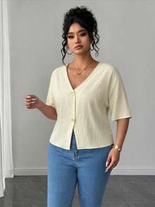 PARARAL Ropa Casual de Verano para Mujer Talla Grande - Top de Manga Corta con Tela Texturizada Estilo Vacaciones, Top de Verano para Mujer, Ropa de Vacaciones para Mujer, Top Casual para Mujer, Top de unicolor para Mujer - Albaricoque - Ver 3