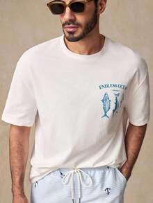 HIMLAND Men's Short Sleeve Crew Neck Drop Shoulder T-Shirt With Fish Graphic Print, Casual Style, Suitable For Outdoor Activities, Home, Dates, Beach, Funny White T-Shirt, Summer, Gifts For Men, Plus Size Beach T-Shirt, Spring Tops. - 白色 - 查看 2