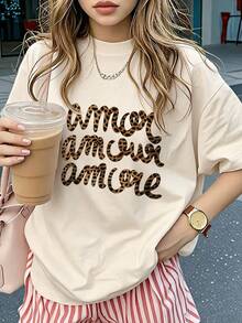 Women's Leopard Print Letter Graphic Loose Casual Street Style Short Sleeve Round Neck T-Shirt - Apricot - View 2