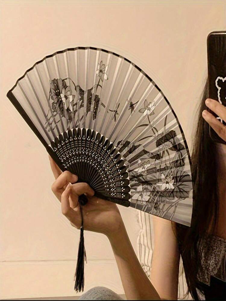 1pc Foldable Hand Fan, Asian Style Retro Chinese Tassel Fan, Portable Dance Fan For Wedding, Hanfu & Cheongsam Accessory, Home Decor, Exquisite Ornament - Multicolor - View 3