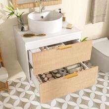 60cm Wall-Hung Bathroom Vanity Unit With Round Ceramic Sink, Drawer Fronts With Wood Look And Simple Stripe Design, High Quality MDF Board, Large Storage Capacity: 2 Drawers + Countertop. - 自然色 - 查看 2