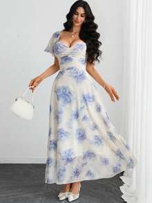 Women's Gothic Black Floral Print Mesh Dress, Ruched Bust Design, Ruffle Sleeves, A-Line Silhouette, Sheer Hem, Vintage Elegant Long Design Vacation Summer - Multicolor - View 6
