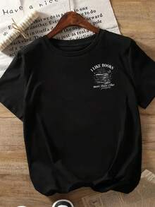 "I Like Books, More Than I Like People" Printed Front And Back Short Sleeve Summer T-Shirt - Women's Casual Crew Neck Top - Women's Clothing, Relaxed Fit, Classic Summer Design - Black - View 3
