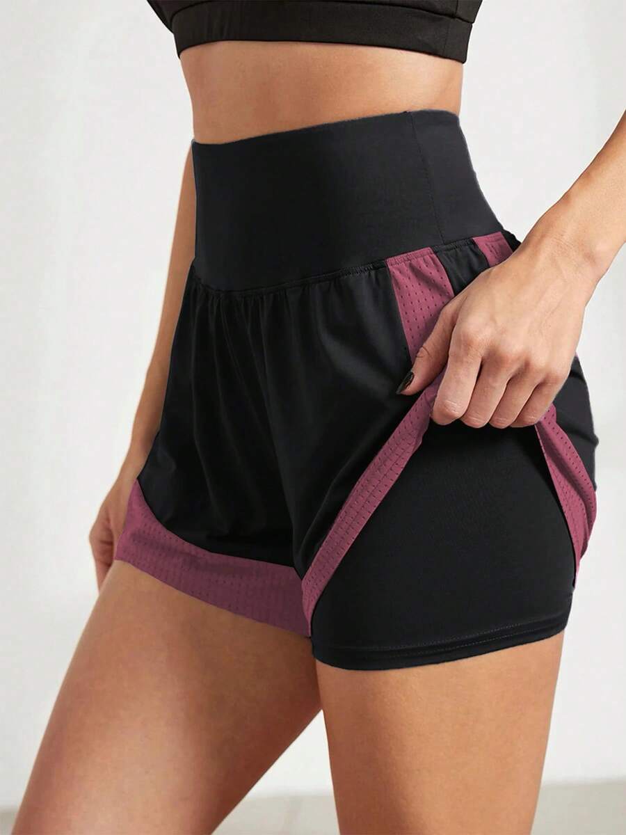 Pantalones cortos deportivos holgados para mujer, para correr, antiexposición, de secado rápido, para uso exterior, pantalones cortos de yoga de dos piezas falsos - Rojo rosa negro - Ver 1