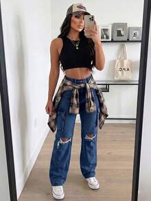 Women's High Waist Cargo Jeans With Ripped Detail, Retro Street Style, Versatile Denim Pants - Dark Wash - View 3