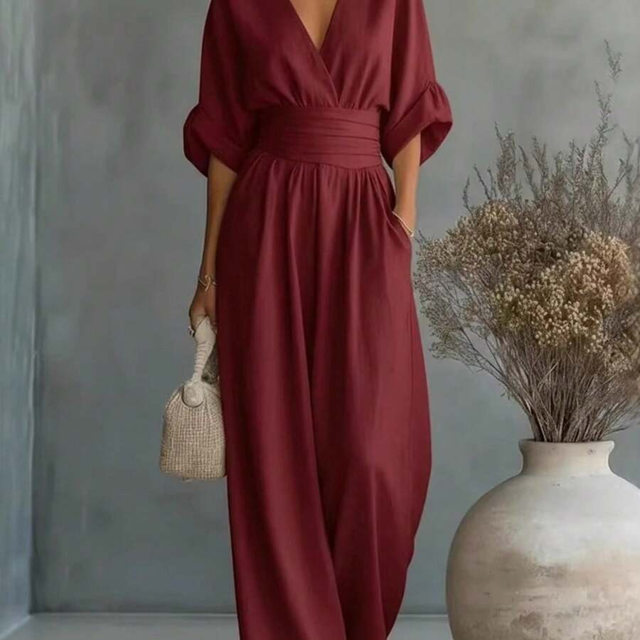 2026 New Women's Linen-Blend Jumpsuit, Deep V-Neck Half-Sleeve Belt Wide-Leg Pants, Elegant Casual Jumpsuit With Pockets, Suitable For Daily Wear In Summer Vacation - 酒紅色 - 查看 1
