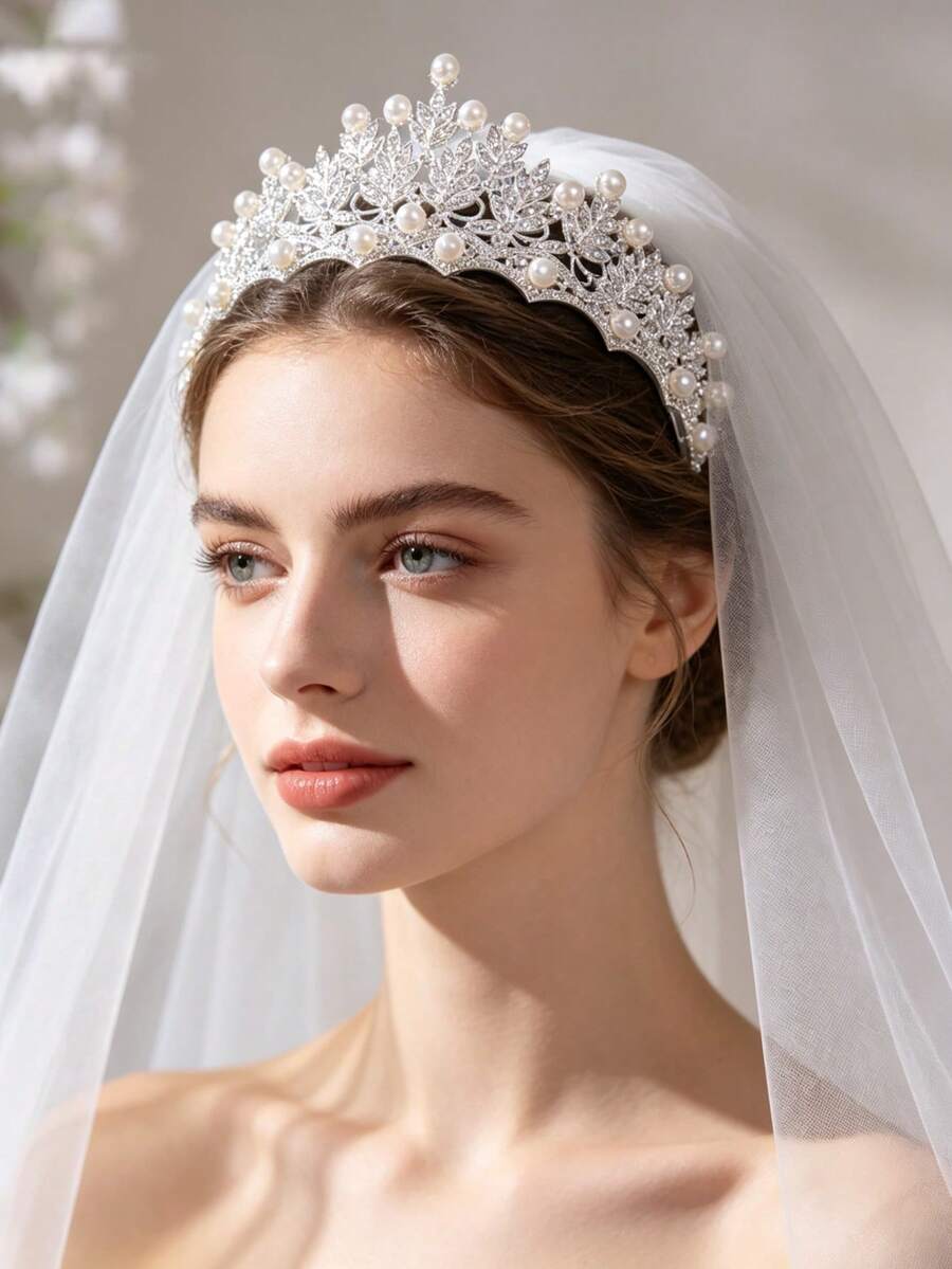 Classic Silver Pearl Leaf Crown, Timeless Bridal Wedding Tiara For Brides - Silver - View 1