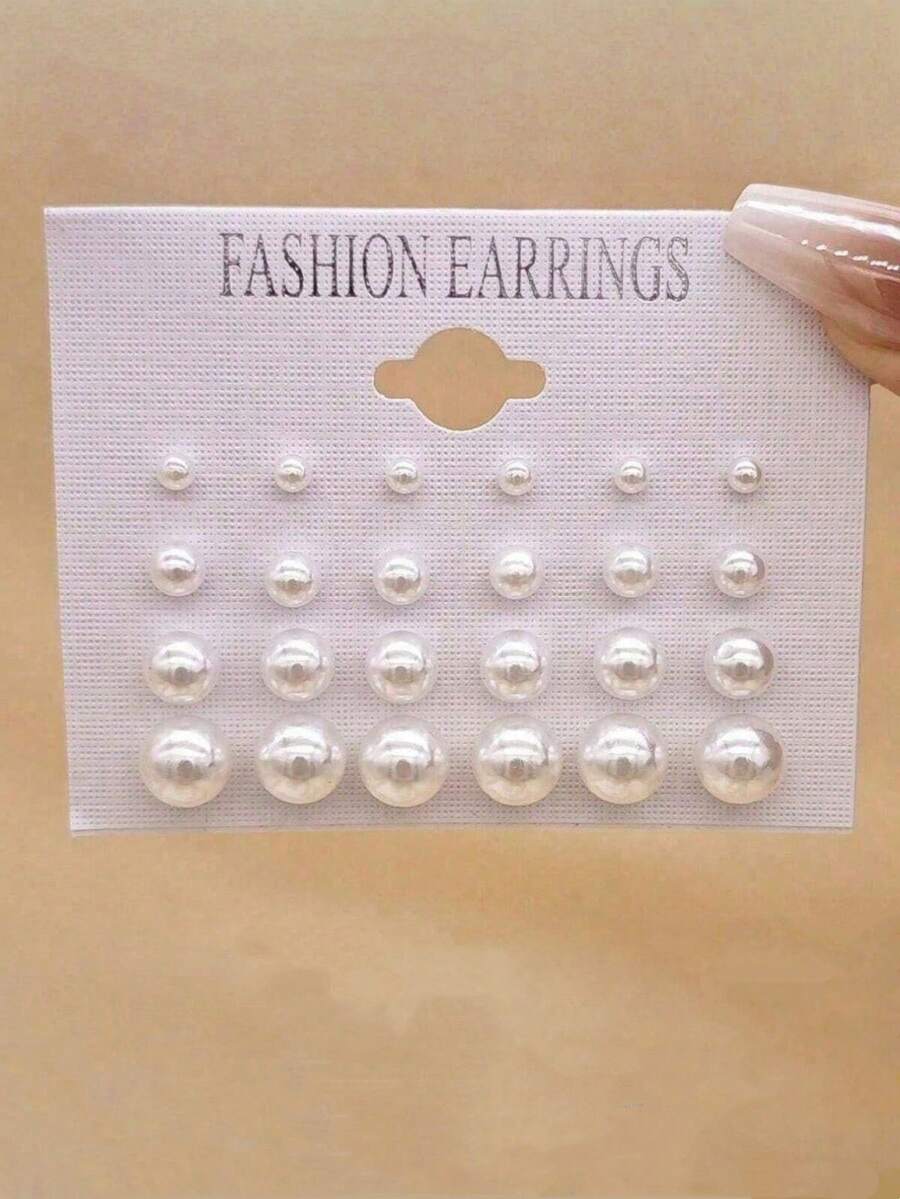 12pcs/Set Minimalist Fashion Versatile Cute Pearl Stud Earrings Combo - White - View 1